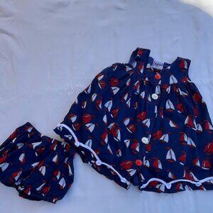 Girls Sailboat Dress Set – Navy/Red w/ Bloomers missing 1 button